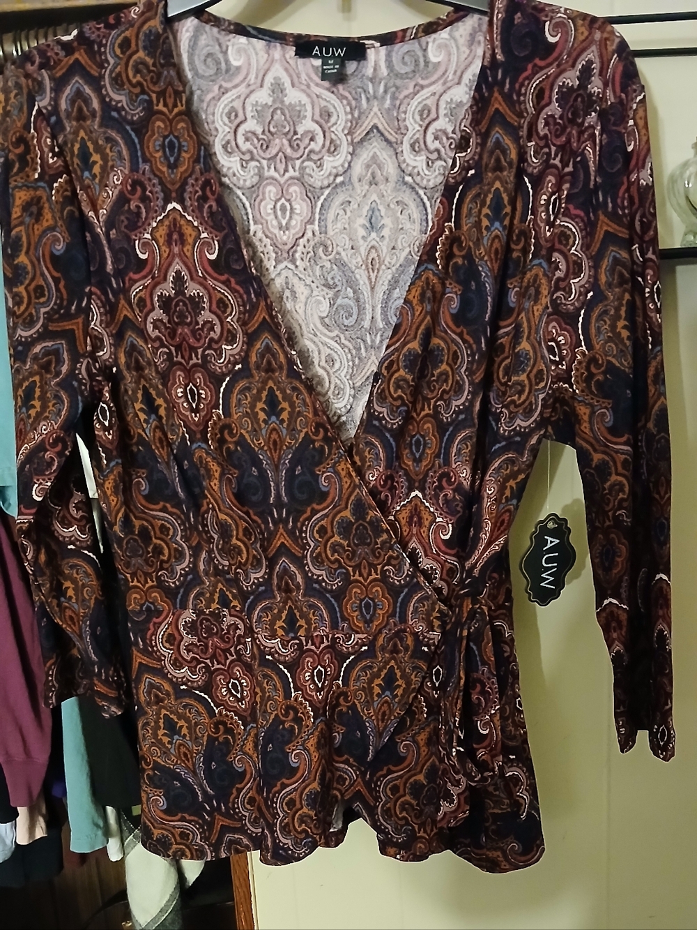 AUW Paisley Wrap Blouse in Brown and Navy